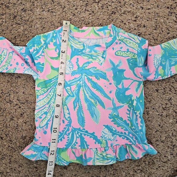 Lilly Pulitzer Retreat Aqua Bright Long Sleeve Rash Guard Ruffle Bottom Top 3T - Picture 7 of 7